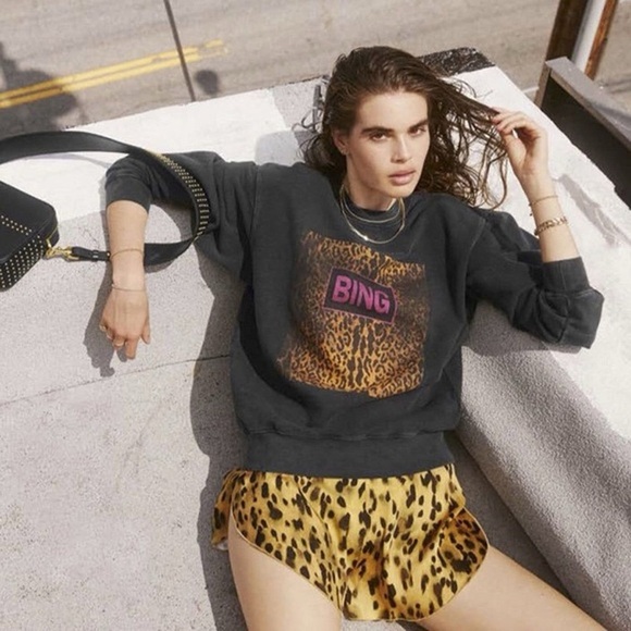 ANINE BING Ramona Leopard Graphic Distressed Sweatshirt Black Pink RARE - Picture 11 of 12